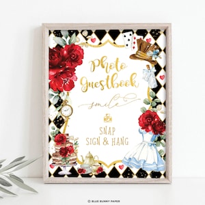 Alice in Wonderland Photo Guestbook, Mad Hatter Tea Party Photo Guest Book Sign Printable, Red Black Gold Digital Instant Download, AL4
