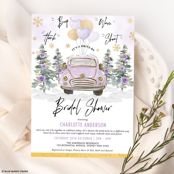 Editable Drive By Bridal Shower Invite, Winter Wedding Shower Invitation Template, Purple Gold