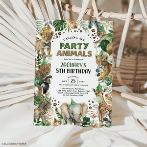 May include: A jungle-themed party invitation for Zachary's 5th birthday. The invitation features a white background with green leaves, animal illustrations, and gold glitter accents. The text reads "Calling all Party Animals, Join Us to Celebrate Zachary's 5th Birthday, Saturday, October 25, 2022, at 2 o'clock in the afternoon, The Williams Residence, 1234 Wild Safari Ave, Sydney 2345, RSVP to Rachael 0412 345 678, By 5th October 20XX".