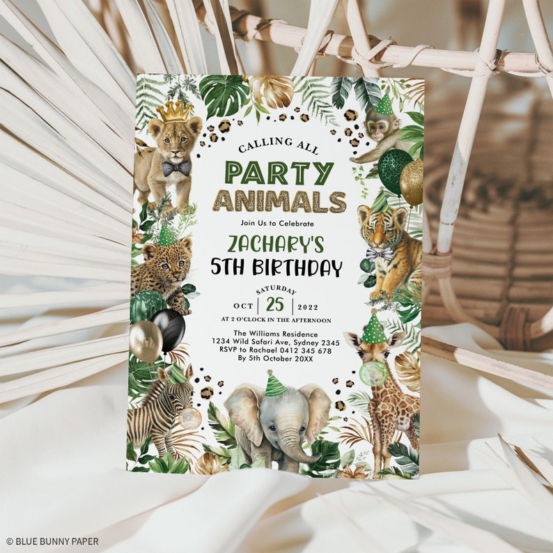 May include: A jungle-themed party invitation for Zachary's 5th birthday. The invitation features a white background with green leaves, animal illustrations, and gold glitter accents. The text reads "Calling all Party Animals, Join Us to Celebrate Zachary's 5th Birthday, Saturday, October 25, 2022, at 2 o'clock in the afternoon, The Williams Residence, 1234 Wild Safari Ave, Sydney 2345, RSVP to Rachael 0412 345 678, By 5th October 20XX".