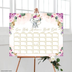 Boho Elephant Baby Girl Due Date Calendar, Purple Blush Floral Guess Baby's Birthday Game, Baby Prediction EDITABLE TEMPLATE Download, EL13 image 1