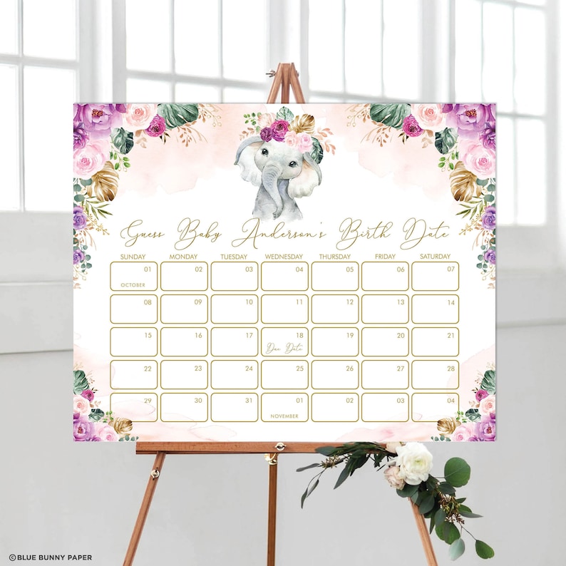 Boho Elephant Baby Girl Due Date Calendar, Purple Blush Floral Guess Baby's Birthday Game, Baby Prediction EDITABLE TEMPLATE Download, EL13 image 1