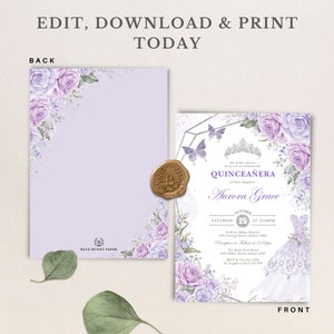 May include: Purple and silver Quincea&ntilde;era invitation with a floral design and a crown. The text reads "Mr. & Mrs. Alorer invite you to celebrate the Quincea&ntilde;era of their daughter Aurora Grace" and includes the date, time, and location of the event.