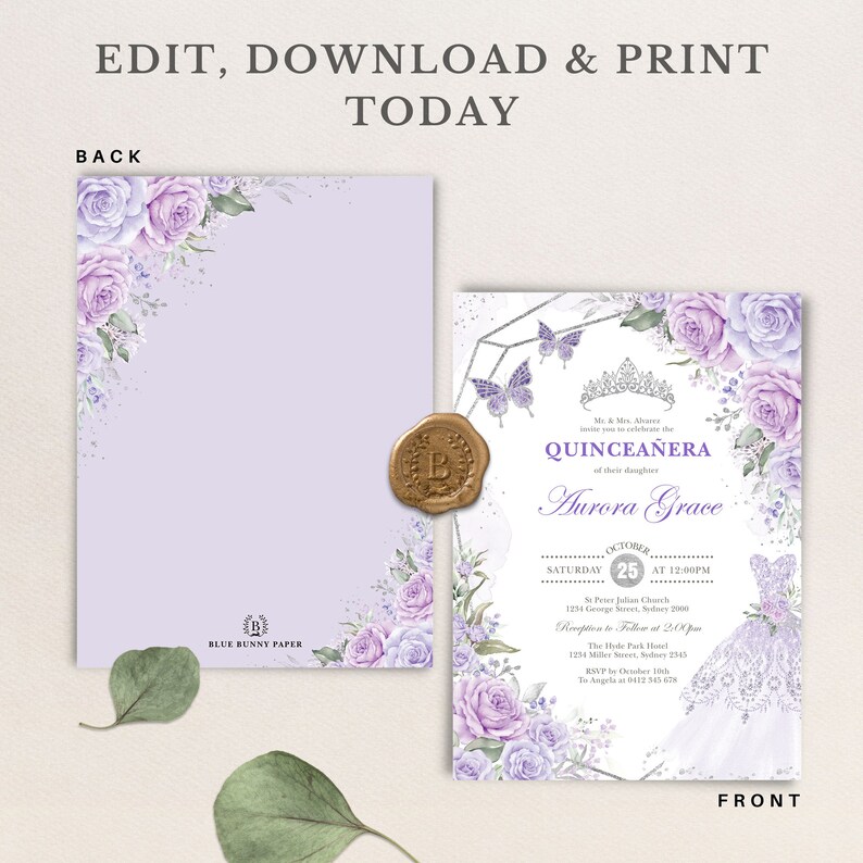 May include: Purple and silver Quincea&ntilde;era invitation with a floral design and a crown. The text reads "Mr. & Mrs. Alorer invite you to celebrate the Quincea&ntilde;era of their daughter Aurora Grace" and includes the date, time, and location of the event.