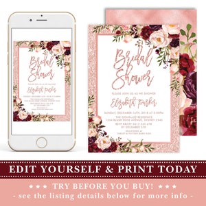 May include: Printable bridal shower invitation with a pink glitter background and floral design. The text reads "Bridal Shower" and "Please join us as we shower Elizabeth Parker".