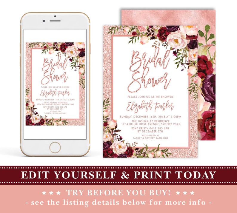 May include: Printable bridal shower invitation with a pink glitter background and floral design. The text reads "Bridal Shower" and "Please join us as we shower Elizabeth Parker".