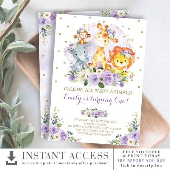 EDITABLE Girl Jungle Birthday Invitation. Purple Floral Safari Printable Invite. Wild Party Animals EDITABLE TEMPLATE Download. JUN15 Il_570xn