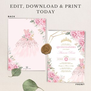 May include: A Quincea&ntilde;era invitation with a pink and gold design. The invitation features a watercolor illustration of a pink dress with flowers and a gold crown. The text on the invitation reads "Mr. & Mrs. Alvarez invite you to celebrate the Quincea&ntilde;era of their daughter Aurora Rose" and includes the date and time of the event.
