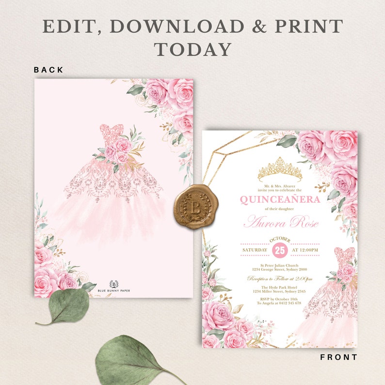 May include: A Quincea&ntilde;era invitation with a pink and gold design. The invitation features a watercolor illustration of a pink dress with flowers and a gold crown. The text on the invitation reads "Mr. & Mrs. Alvarez invite you to celebrate the Quincea&ntilde;era of their daughter Aurora Rose" and includes the date and time of the event.