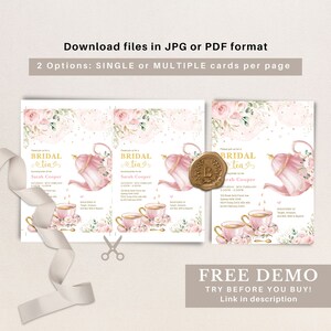 May include: A printable bridal shower invitation with a pink and gold teapot, teacups, and floral design. The text reads "Bridal Tea" and includes the bride's name, date, and time of the event.