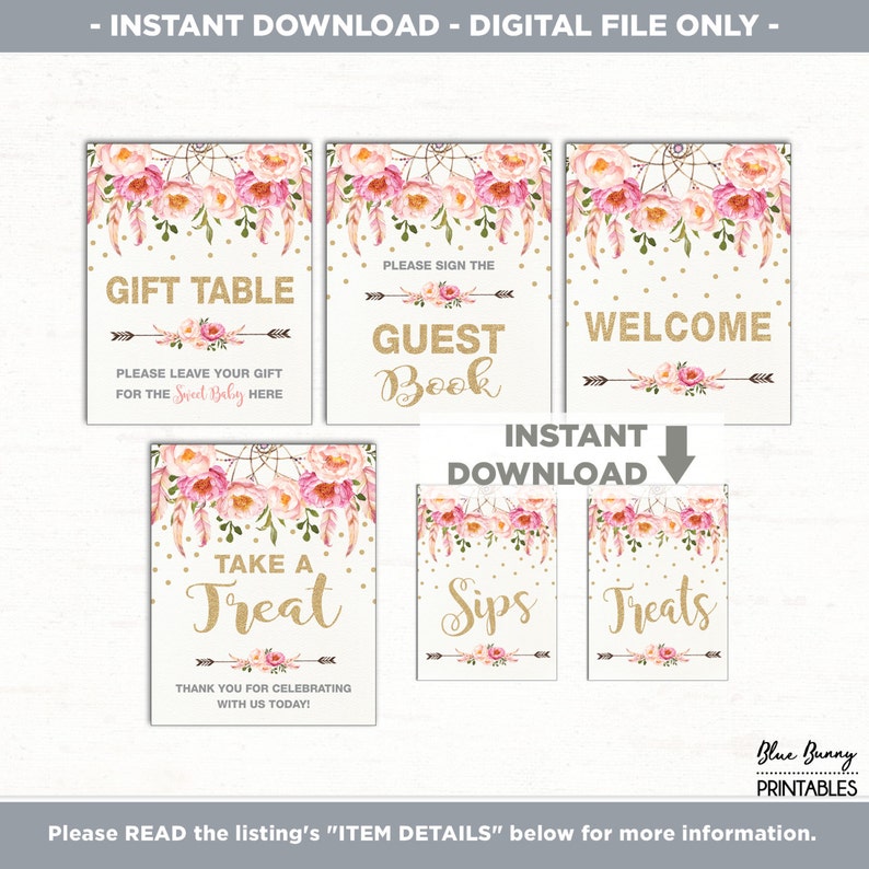 Boho Floral Baby Shower Table Signs. 6 Printable Signs. Gift Etsy