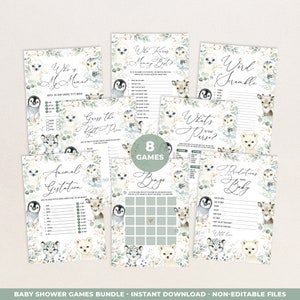 May include: A set of 8 printable baby shower games featuring a woodland animal theme. The games include "Who's My Mama?", "Guess the Right Price", "Animal Gestation", "Bingo", "What's in Your Purse?", "Word Scramble", "Predictions for the Baby", and "Who Knows Mommy Best?"