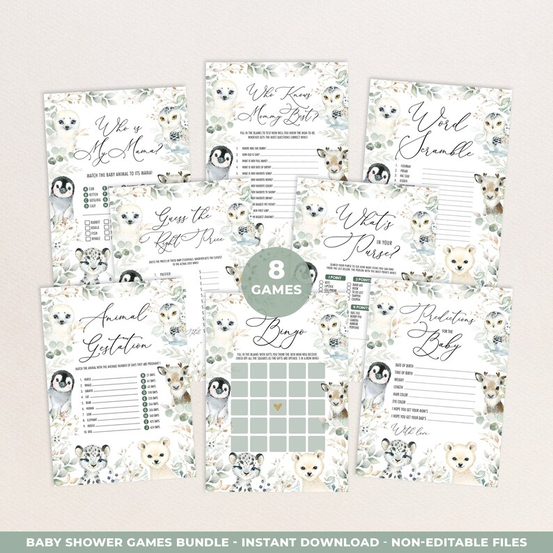 May include: A set of 8 printable baby shower games featuring a woodland animal theme. The games include "Who's My Mama?", "Guess the Right Price", "Animal Gestation", "Bingo", "What's in Your Purse?", "Word Scramble", "Predictions for the Baby", and "Who Knows Mommy Best?"