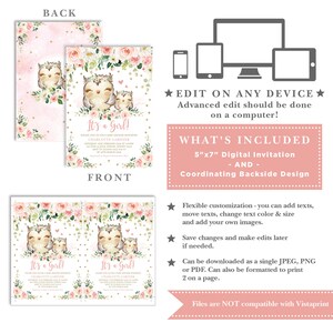 Blush Floral Owl Baby Shower Invitation. Pink Gold Woodland Owl Baby Girl Printable EDITABLE TEMPLATE Instant Download. OWL1 image 2
