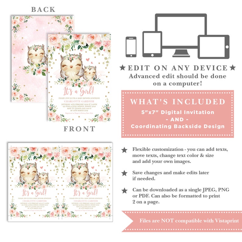 Blush Floral Owl Baby Shower Invitation. Pink Gold Woodland Owl Baby Girl Printable EDITABLE TEMPLATE Instant Download. OWL1 image 2