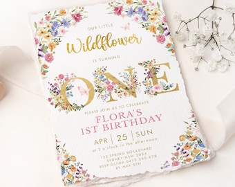 Editable Wildflower 1st Birthday Invitation, Garden Flowers Party Invite, Spring Floral Girls Birthday Printable Template Download, FLO2