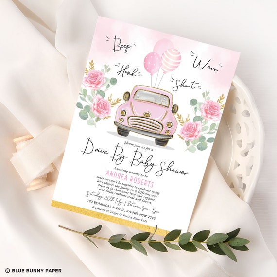 EDITABLE Girl Drive By Baby Shower Invitation, Pink Floral Drive