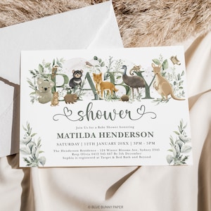 Grün Australische Tiere Baby Shower Einladung Vorlage Eukalyptus Australische Tierwelt Invite Koala Gender Neutral EDITIERBARE Download, OZ2
