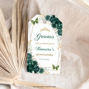 Quinceanera Favor Tag Smaragdgrün Gracias Danke Gefälligkeiten Blumen Schmetterling Mis Quitte 15 Anos Geburtstag druckbare bearbeitbare Vorlage FLO17