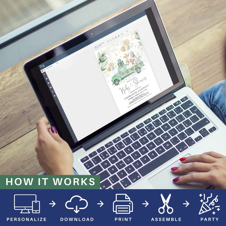 May include: A digital image on a laptop screen showing a printable baby shower invitation. The invitation features a green truck with animals and the text "Baby Shower" and "Charlotte Anderson". The image below the laptop shows a five-step process for creating the invitation: personalize, download, print, assemble, and party.