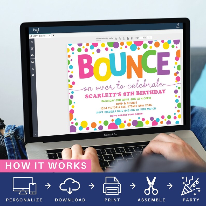 May include: A computer screen displaying a colorful printable invitation for a child's birthday party. The invitation features the word "BOUNCE" in large, colorful letters and the text "on over to celebrate SCARLETT'S 8TH BIRTHDAY". The invitation is decorated with a polka dot pattern.