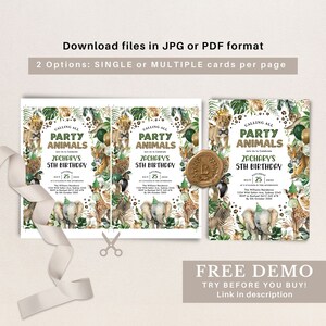 May include: A printable invitation for a 5th birthday party with a jungle animal theme. The invitation features a lion, zebra, elephant, giraffe, and leopard with green leaves and gold accents. The text on the invitation reads "Calling all Party Animals, Zachary's 5th Birthday, Oct 25".