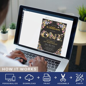 May include: A digital invitation for a first birthday party with a floral design. The invitation features a black background with gold text that says "Our Little Wildflower is Turning One". The text is surrounded by a wreath of colorful flowers. The invitation also includes the date and time of the party, as well as the location.