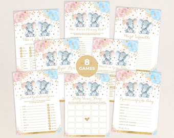 Twin Elephant Baby Shower GAMES BUNDLE, 8x Blue Pink Twins Printable Games, Twin Boy Girl Gender Reveal Elephant Instant Download, EL6