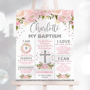 Blush Pink & Silver Floral BAPTISM Chalkboard Sign, Pietra miliare del battesimo, Decorazione del battesimo floreale, Decorazione della parete della scuola materna stampabile, FLO18AS