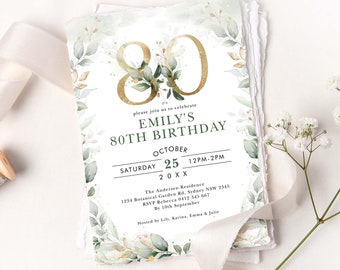 May include: A green and gold 80th birthday invitation with a watercolor floral design. The invitation reads "Please join us to celebrate Emily's 80th Birthday, October 25, 20XX, 12PM-2PM, The Andersen Residence, 1234 Botanical Garden Rd, Sydney NSW 2345, RSVP Rebecca 0412 345 667 by 10th September, Hosted by Lily, Karina, Emma & Julie."