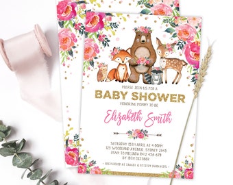 Girl Woodland Baby Shower Invitation Template, Pink Floral Forest Animals Baby Girl Printable Invite, EDITABLE, Printable Download, WOOD23