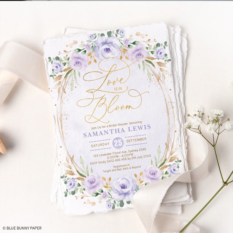 Lavender Bridal Shower Invitation Love is in Bloom Wedding Shower Invite Boho Purple Spring Flowers EDITABLE TEMPLATE