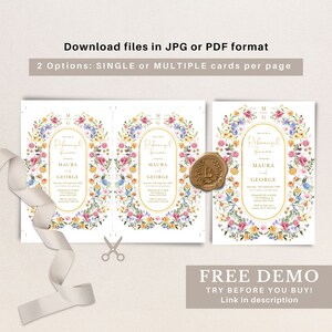 May include: A printable wedding rehearsal dinner invitation with a floral wreath border. The invitation features a gold oval with the text "Rehearsal Dinner" in a script font. The names "Maura and George" are listed below the text. The invitation is decorated with a wax seal.