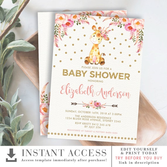 Boho Giraffe Baby Shower Invitation. Pink Gold Jungle Safari Baby Sprinkle Printable. EDITABLE TEMPLATE. Instant Download. FLO12AG Il_570xn