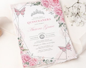 Plantilla editable de invitación a Quinceañera de plata rosa Mis Quince 15 Anos Acuarela Blush Floral Mariposas Crown Princess Descargar, FLO10