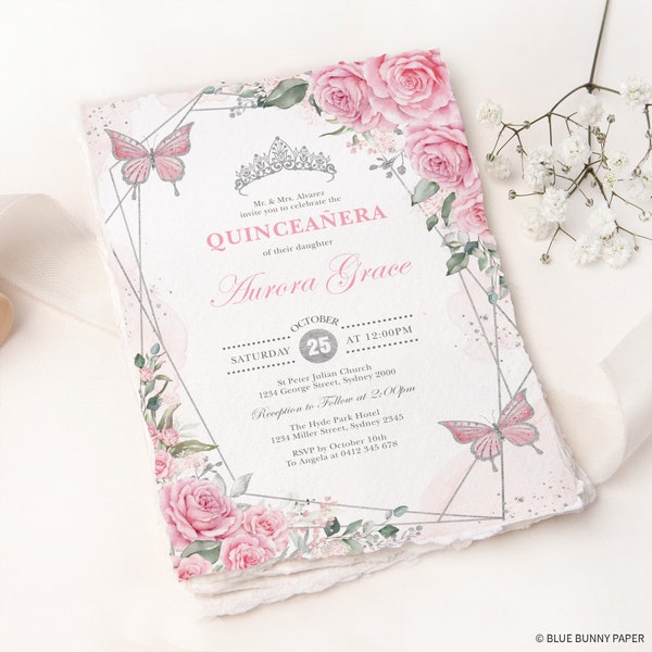 Editable Pink Silver Quinceanera Invitation Template Mis Quince 15 Anos Watercolor Blush Floral Butterflies Crown Princess Download, FLO10