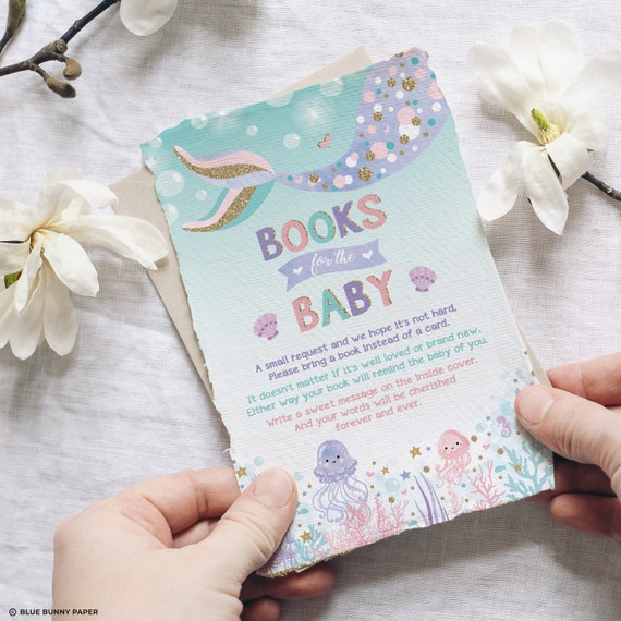 Purple and Teal Mermaid Books for Baby Bring a Book Insert Under the Sea Shower Mermaid Baby Shower Book Request Glitter Mermaid