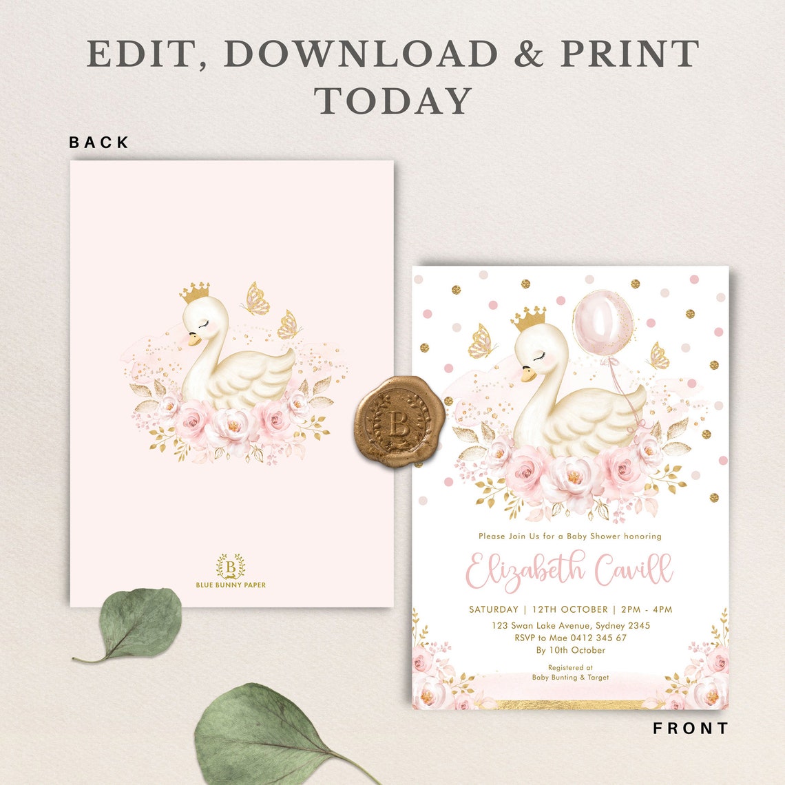 Editable Swan Princess Baby Shower Invitation Pink and Gold Swan With ...