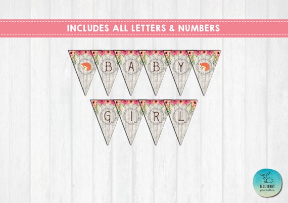 FLORAL FOX Baby shower Printable Banner. Rustic Baby Shower Decorations. All Letters and Numbers. Woodland Baby Girl Pennant Flags FOX1 Il_570xn