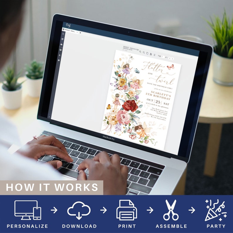 May include: A digital design for a birthday invitation featuring a whimsical illustration of fairies and flowers. The text reads "Hotter and Twirl" with the birthday girl's name, age, and date of the party.