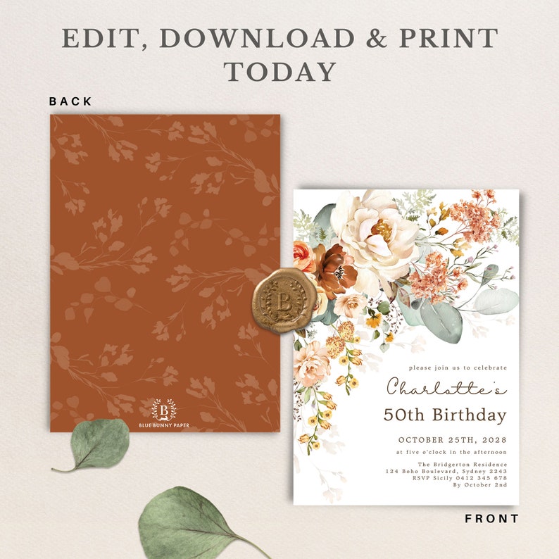 Editable invitation template and backside for a 50th birthday.