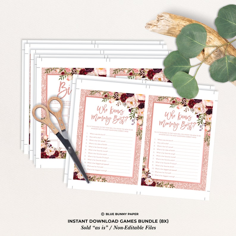 Blush Burgundy Floral Roses Baby Girl INSTANT DOWNLOAD Baby Shower Games Bundle 8x Rose Gold Glitter Party Games Printable FLO37