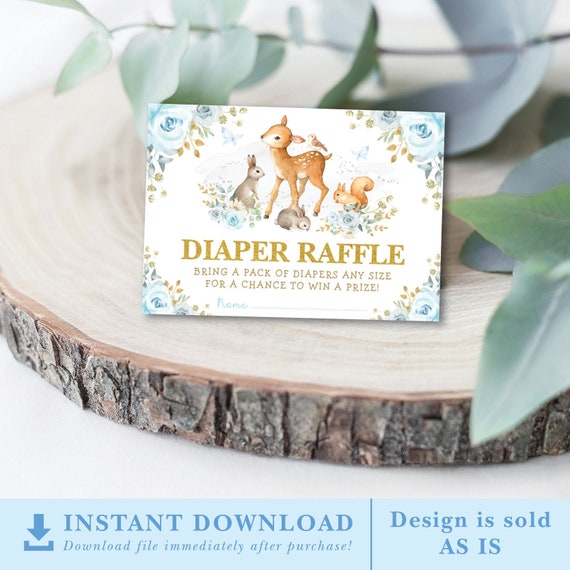 Dusty Blue Woodland Diaper Raffle Printable. Blue Floral Forest Baby Shower Invitation Insert. Cute Baby Animals INSTANT DOWNLOAD. WOOD16 Il_570xn