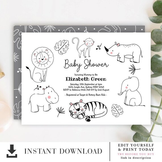 Cute Modern Jungle Animals Baby Shower EDITABLE INVITATION. Minimalist Safari Baby Sprinkle Printable Invite. Monochrome Wild Animals. JUN9 Il_570xn