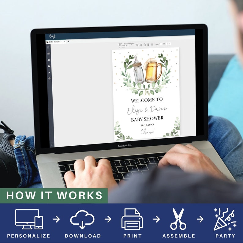 May include: A digital design for a baby shower welcome sign. The sign features a watercolor illustration of a baby bottle and a beer mug with green leaves and gold glitter. The text on the sign reads "Welcome to Eliya & Daves Baby Shower 10.10.20XX Cheers!"
