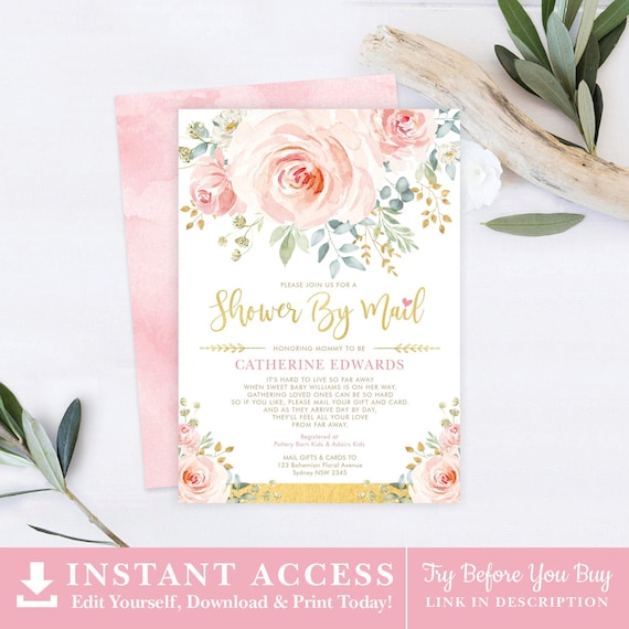 Editable Girl Baby Shower By Mail Invitation. Blush Gold Floral Virtual