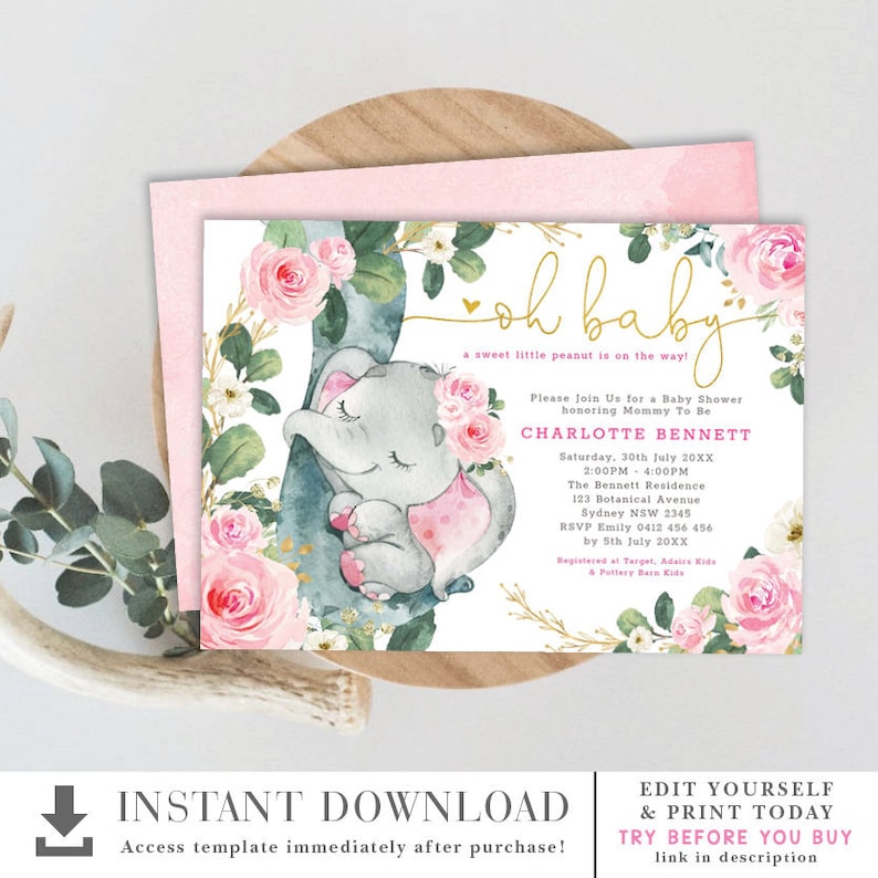 Op de afbeelding: Een roze en groene babyshower-uitnodiging met een schattig cartoon-olifantje dat slaapt op een tak met roze bloemen. De tekst luidt "Oh Baby! A sweet little peanut is on the way!" en bevat de naam Charlotte Bennett, de datum en tijd van de babyshower, en de locatie. De uitnodiging bevat ook RSVP-informatie en registratiegegevens.