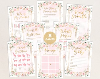 Blozen roze bloemen baby shower games bundel, aquarel bloem baby meisje games afdrukbare, vrouwelijke partij games pakket Instant Download FLO40