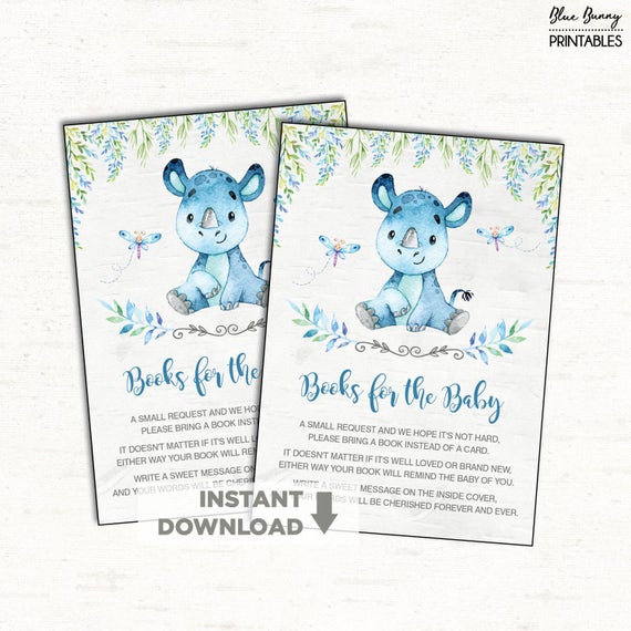 Cute Rhino Baby Shower Books for Baby Invitation Insert. Blue and Grey