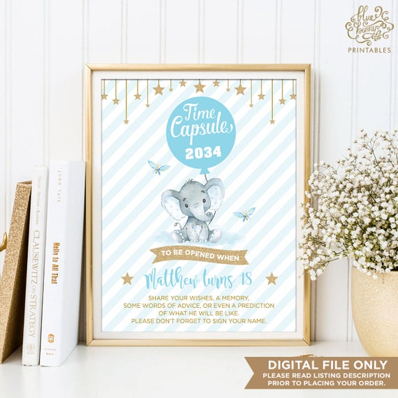 Boy Elephant TIME CAPSULE. Blue and Gold Baby Elephant First Birthday Decor. Baby Shower Table Sign Decoration.EL-B4 Il_570xn